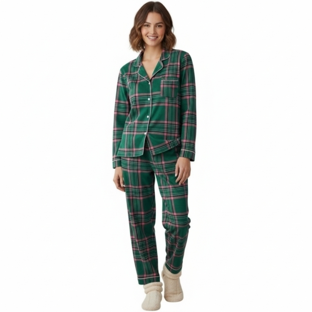 Crown & Ivy Green Pink Plaid Pajama Set Loungewear Sleepwear Women's Medium